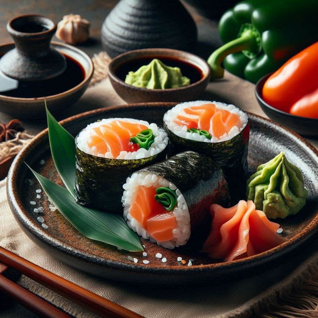 sushi al salmone affumicato impiattato in modo tradizionale